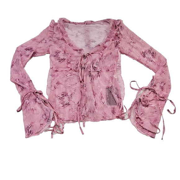 NWT Solado Sz S Pink Frilly Coquette Fairycore Whimsical Tie Front Sheer Blouse - Picture 1 of 8